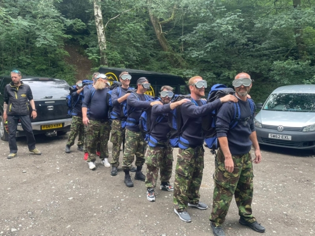 Military Stealth group blindfolded in a line