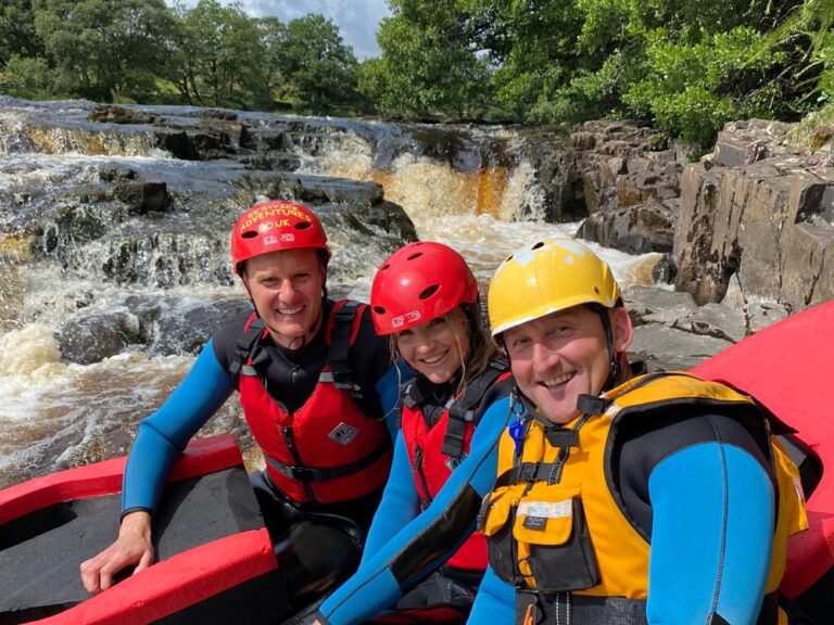 Helen, Dan and Lee hydrospeeding on the River Tees